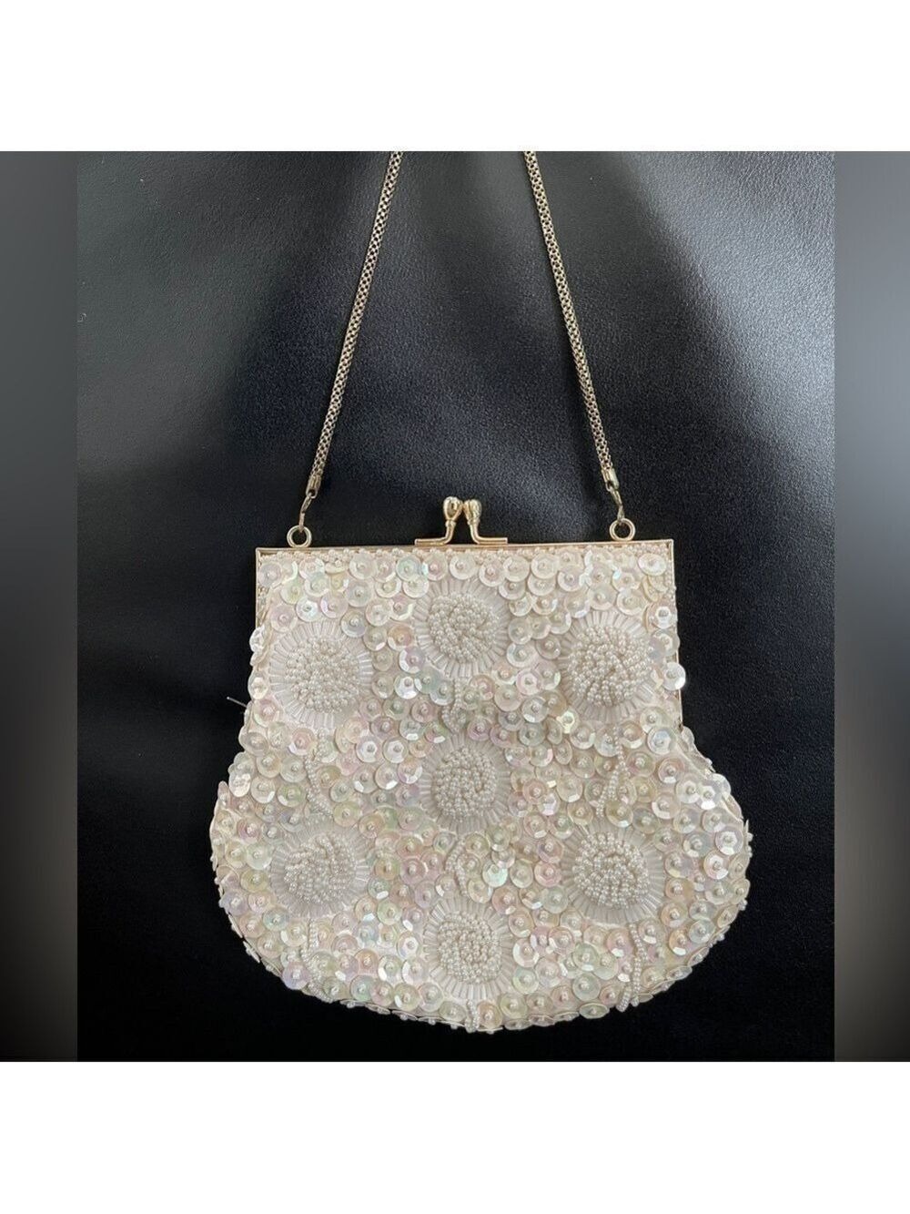 DU-VAL Vintage White Sequin Beads Mini Handbag Evening Event Handmade Hong Kong